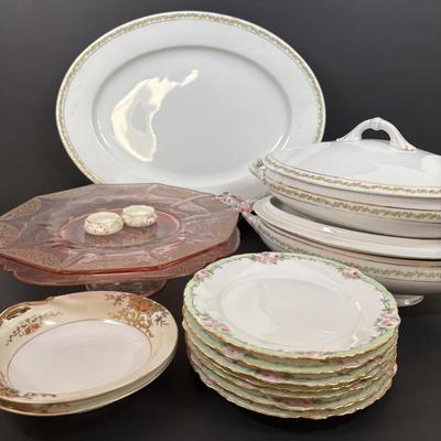 LOT 95: Pink Depression Glass, Belleek Salt Dishes, M&Z Austria Covered Serving Bowls, RC Mon Bijou Dessert Plates & More