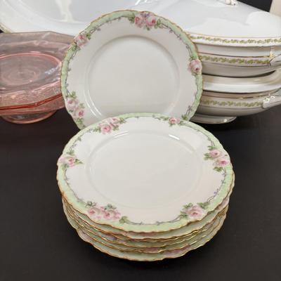 LOT 95: Pink Depression Glass, Belleek Salt Dishes, M&Z Austria Covered Serving Bowls, RC Mon Bijou Dessert Plates & More