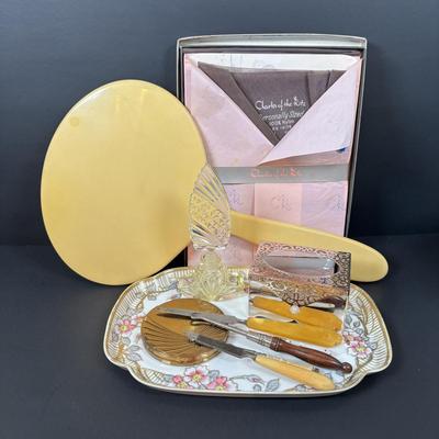 LOT 97: Pyralin Handheld Mirror, Perfume Bottle, Czechoslovakia, Cambridge Cuttery Pen Knife, TR Jewelry Box, Made in USA Compact,...