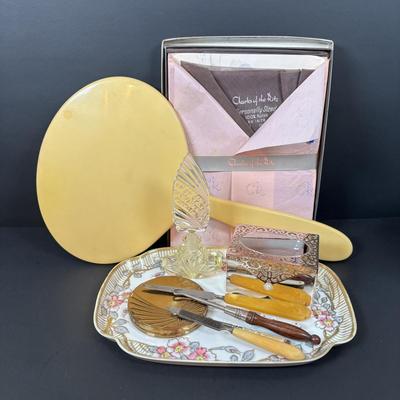 LOT 97: Pyralin Handheld Mirror, Perfume Bottle, Czechoslovakia, Cambridge Cuttery Pen Knife, TR Jewelry Box, Made in USA Compact,...