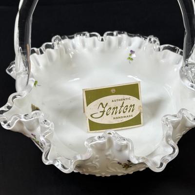 LOT 101: Hand Painted Fenton Milk Glass Basket along with a Milk Glass Hobnail Basket