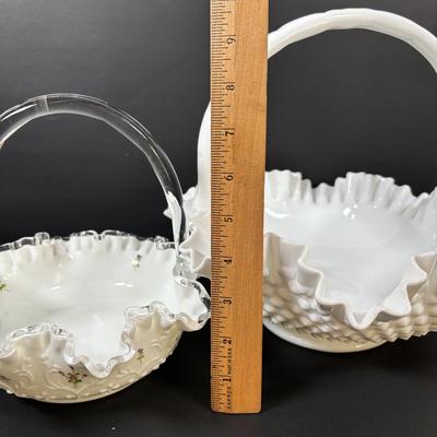 LOT 101: Hand Painted Fenton Milk Glass Basket along with a Milk Glass Hobnail Basket