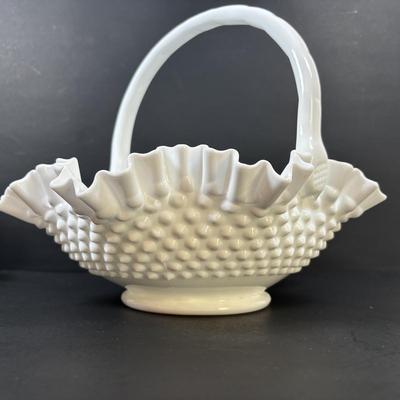 LOT 101: Hand Painted Fenton Milk Glass Basket along with a Milk Glass Hobnail Basket
