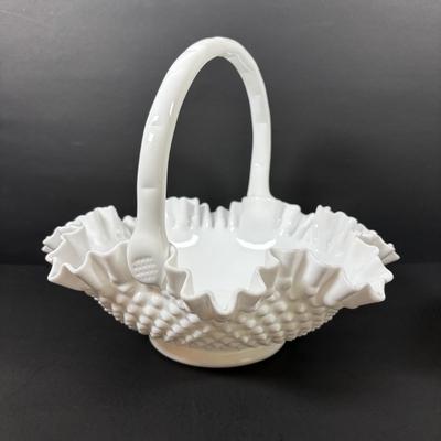 LOT 101: Hand Painted Fenton Milk Glass Basket along with a Milk Glass Hobnail Basket