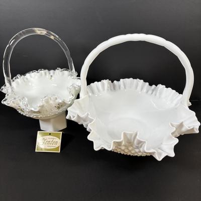 LOT 101: Hand Painted Fenton Milk Glass Basket along with a Milk Glass Hobnail Basket