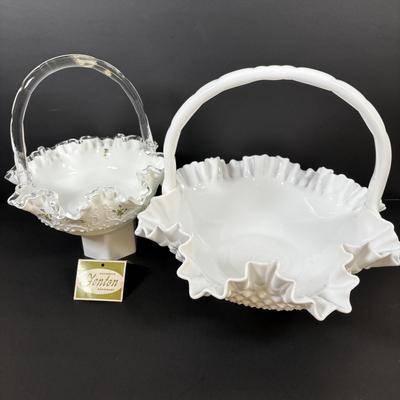 LOT 101: Hand Painted Fenton Milk Glass Basket along with a Milk Glass Hobnail Basket
