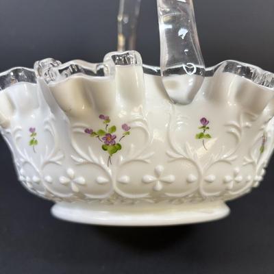 LOT 101: Hand Painted Fenton Milk Glass Basket along with a Milk Glass Hobnail Basket