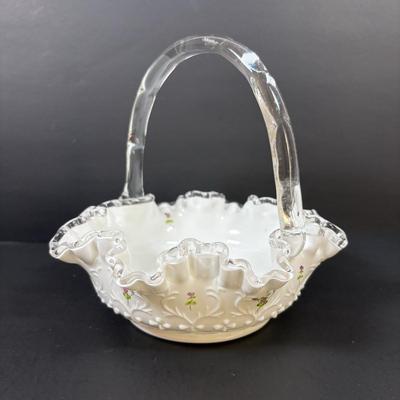 LOT 101: Hand Painted Fenton Milk Glass Basket along with a Milk Glass Hobnail Basket
