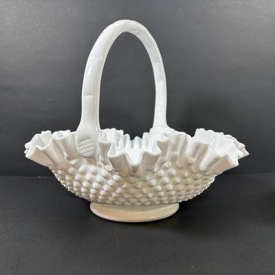 LOT 101: Hand Painted Fenton Milk Glass Basket along with a Milk Glass Hobnail Basket