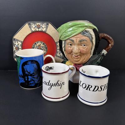 LOT 103: Wedgewood Winston Churchill Chartwell Mug, Wedgewood 8-Sided Nanette Salad Plate, Lordship/Ladyship Mugs