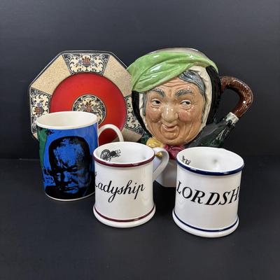 LOT 103: Wedgewood Winston Churchill Chartwell Mug, Wedgewood 8-Sided Nanette Salad Plate, Lordship/Ladyship Mugs