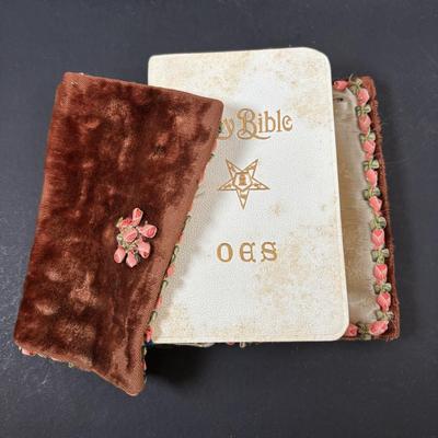 LOT 105: Eastern Star Bibles (3) in Original Boxes along with an Antique Bible Cover, Norcrest Eastern Star Teacup & More