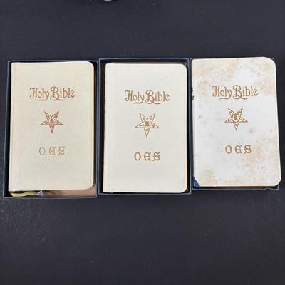 LOT 105: Eastern Star Bibles (3) in Original Boxes along with an Antique Bible Cover, Norcrest Eastern Star Teacup & More