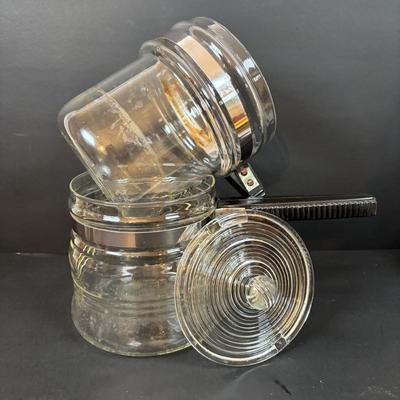 LOT 107: Vintage Milk Bottles: Haines, Jersey Local, McGills, MCM Carafes, Glass Double Boiler, Wooden Rolling Pin, Tin Recipes Boxes...