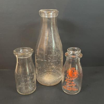 LOT 107: Vintage Milk Bottles: Haines, Jersey Local, McGills, MCM Carafes, Glass Double Boiler, Wooden Rolling Pin, Tin Recipes Boxes...