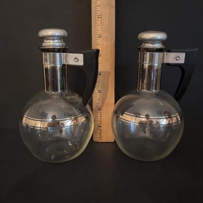 LOT 107: Vintage Milk Bottles: Haines, Jersey Local, McGills, MCM Carafes, Glass Double Boiler, Wooden Rolling Pin, Tin Recipes Boxes...