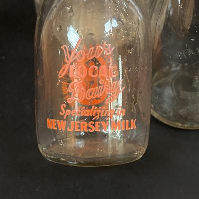 LOT 107: Vintage Milk Bottles: Haines, Jersey Local, McGills, MCM Carafes, Glass Double Boiler, Wooden Rolling Pin, Tin Recipes Boxes...