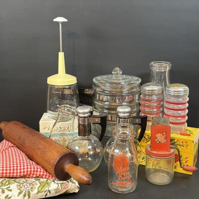 LOT 107: Vintage Milk Bottles: Haines, Jersey Local, McGills, MCM Carafes, Glass Double Boiler, Wooden Rolling Pin, Tin Recipes Boxes...
