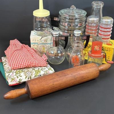 LOT 107: Vintage Milk Bottles: Haines, Jersey Local, McGills, MCM Carafes, Glass Double Boiler, Wooden Rolling Pin, Tin Recipes Boxes...