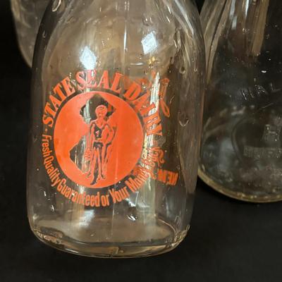 LOT 107: Vintage Milk Bottles: Haines, Jersey Local, McGills, MCM Carafes, Glass Double Boiler, Wooden Rolling Pin, Tin Recipes Boxes...