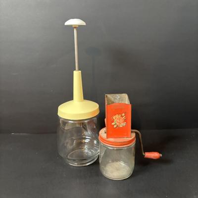 LOT 107: Vintage Milk Bottles: Haines, Jersey Local, McGills, MCM Carafes, Glass Double Boiler, Wooden Rolling Pin, Tin Recipes Boxes...