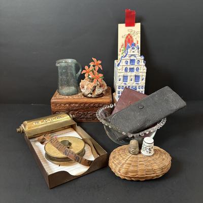 LOT 108: Vintage Collectible Finds: Tape Measure, Perpetual Calendar, Sterling Silver Thimble, Royal Worchester Thimble, Hand Crafted...