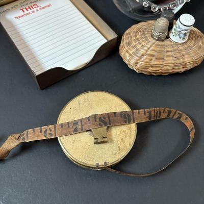 LOT 108: Vintage Collectible Finds: Tape Measure, Perpetual Calendar, Sterling Silver Thimble, Royal Worchester Thimble, Hand Crafted...