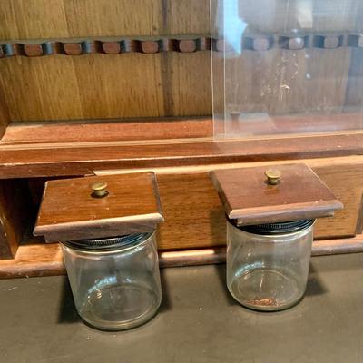 LOT 136: Vintage Wood and Glass Pipe Display Cabinet with Tobacco Jar Drawers with Pipes and More
