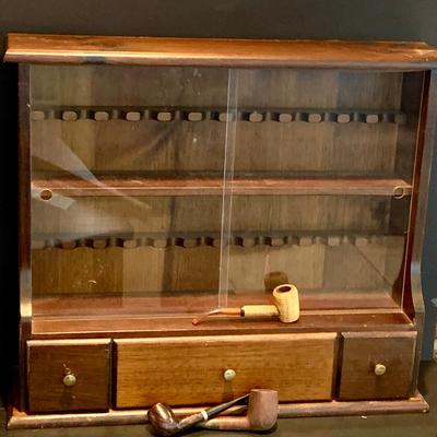 LOT 136: Vintage Wood and Glass Pipe Display Cabinet with Tobacco Jar Drawers with Pipes and More