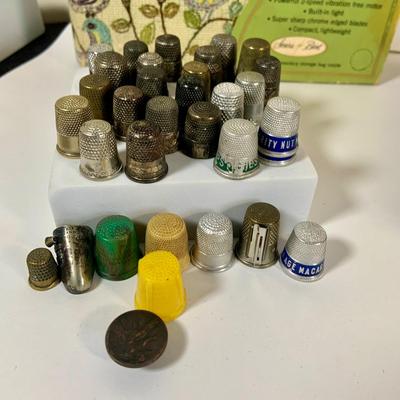 LOT 137: Collection of Vintage Sewing Notions Including Scissors, Thread, Thimbles, Pins, Needles and a Vintage Sears Electric Scissors...