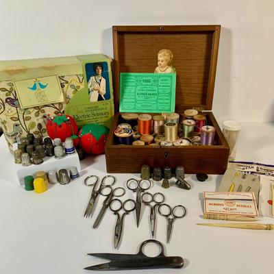 LOT 137: Collection of Vintage Sewing Notions Including Scissors, Thread, Thimbles, Pins, Needles and a Vintage Sears Electric Scissors...