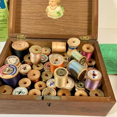 LOT 137: Collection of Vintage Sewing Notions Including Scissors, Thread, Thimbles, Pins, Needles and a Vintage Sears Electric Scissors...