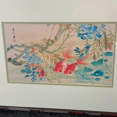 LOT 138: Asian Inspire Home Decor - Framed and Matted Gold Fish Wall Art and Black Lacquered Table Lamp.