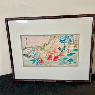 LOT 138: Asian Inspire Home Decor - Framed and Matted Gold Fish Wall Art and Black Lacquered Table Lamp.