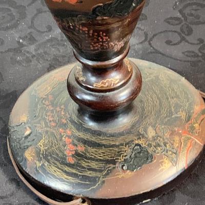 LOT 138: Asian Inspire Home Decor - Framed and Matted Gold Fish Wall Art and Black Lacquered Table Lamp.