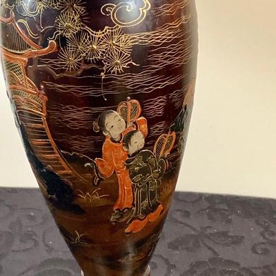 LOT 138: Asian Inspire Home Decor - Framed and Matted Gold Fish Wall Art and Black Lacquered Table Lamp.