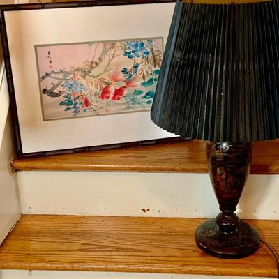 LOT 138: Asian Inspire Home Decor - Framed and Matted Gold Fish Wall Art and Black Lacquered Table Lamp.