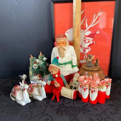 LOT 147: Assorted Collection of Vintage Holiday Decor Including Knee Huggers, Celluloid Santa in Sled, Paper Santa In Chimney, Dan Dee...