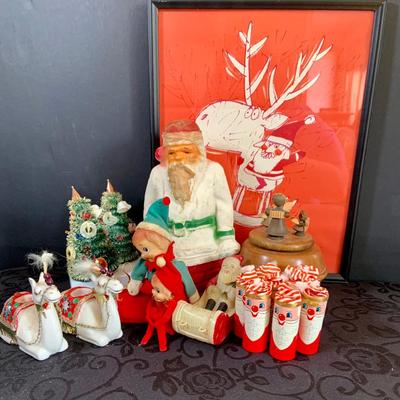 LOT 147: Assorted Collection of Vintage Holiday Decor Including Knee Huggers, Celluloid Santa in Sled, Paper Santa In Chimney, Dan Dee...