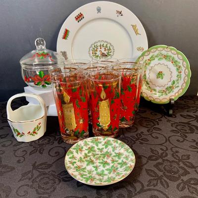 LOT 148: Vintage Christmas - Set of Eight (8) Candlelit 12 oz Tumblers In Original Box, Christmas Plates and More