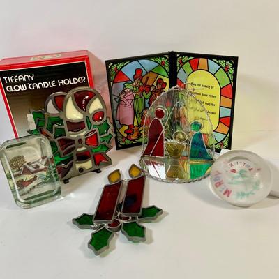 LOT 150: Collection of Vintage Holiday Stain Glass Decorations and More