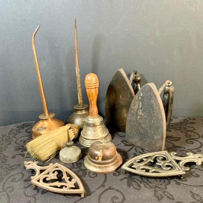 LOT 152: Antique/Vintage Irons, Bells, Oil Cans and More