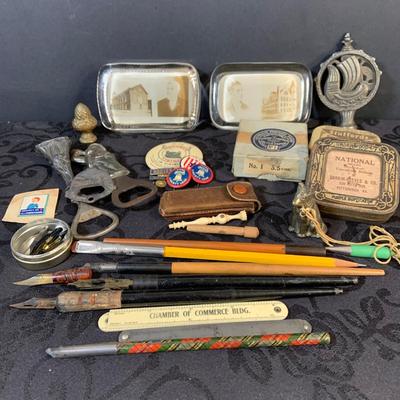 LOT 153: Assortment of Antique/ Vintage Pens, Bottle Openers, Pins, Paperweights and More