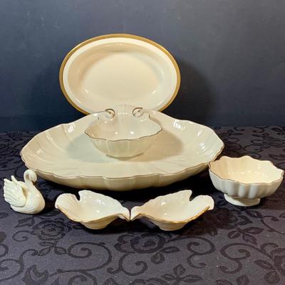 LOT 155: Collection of Lenox China Featuring Aegean Gold Trim Clam Shell Chip and Dip Bowl, Swan, Bird and Other Bowls