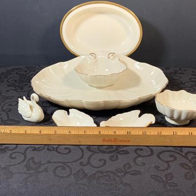 LOT 155: Collection of Lenox China Featuring Aegean Gold Trim Clam Shell Chip and Dip Bowl, Swan, Bird and Other Bowls