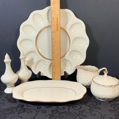 LOT 156: Lenox Egg Platter, Salt and Pepper Shakers, and Cream and Sugar Set