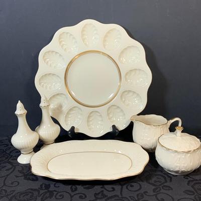 LOT 156: Lenox Egg Platter, Salt and Pepper Shakers, and Cream and Sugar Set
