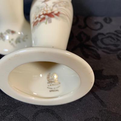 LOT 157: Collection of Lenox Vases, Special Edition Wildflower Candle Stick Holders, Three Section Leaf Bowl and Pierced Westbury Bowl