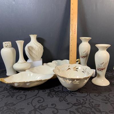 LOT 157: Collection of Lenox Vases, Special Edition Wildflower Candle Stick Holders, Three Section Leaf Bowl and Pierced Westbury Bowl