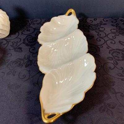 LOT 157: Collection of Lenox Vases, Special Edition Wildflower Candle Stick Holders, Three Section Leaf Bowl and Pierced Westbury Bowl